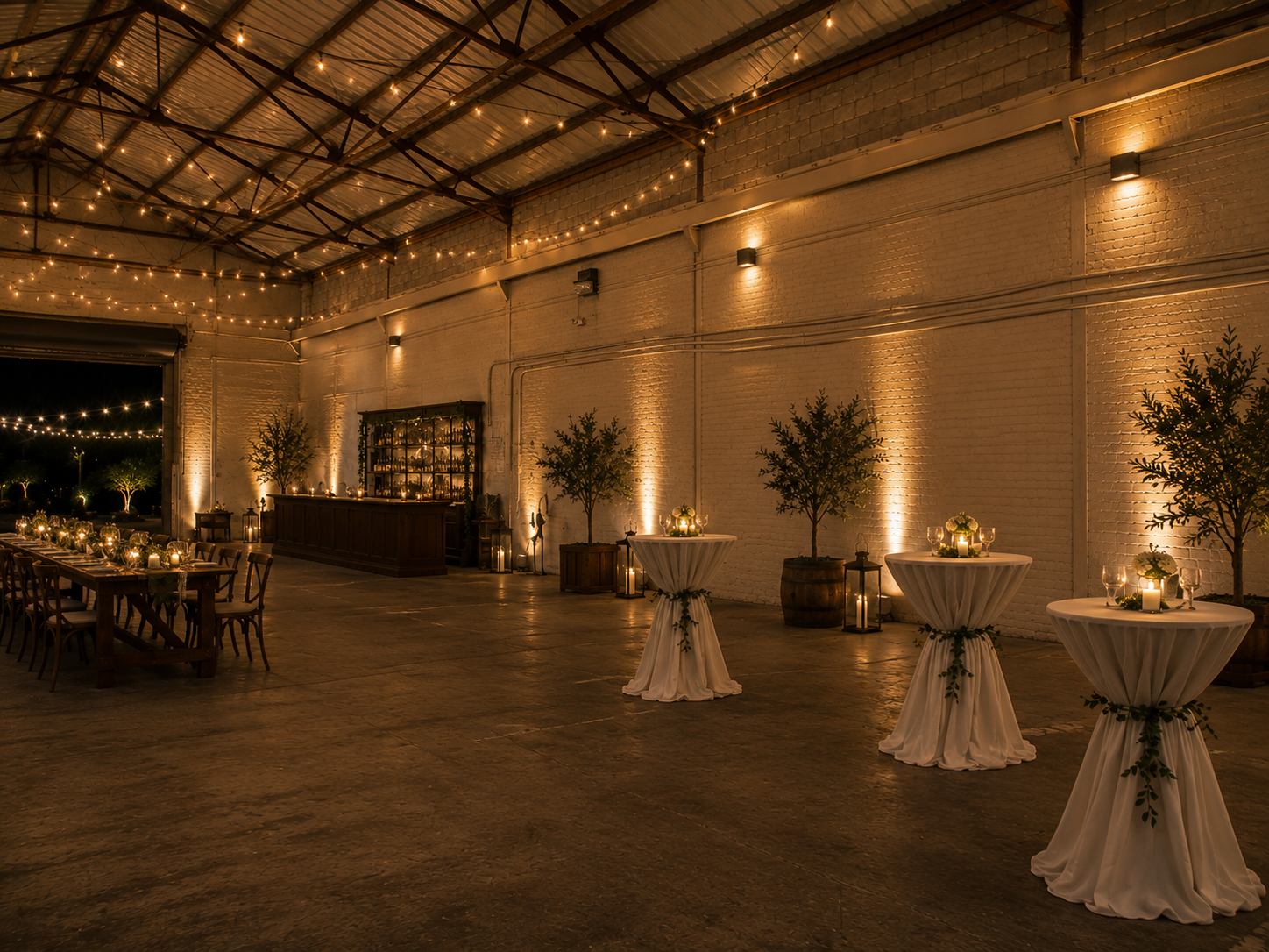 Warehouse-style cocktail reception with glowing string lights