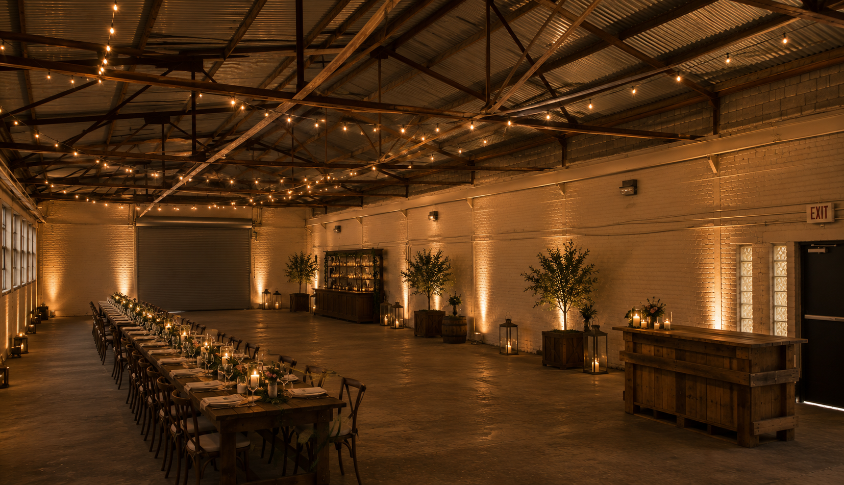 Warmly lit reception setup inside the historic hall